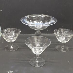 ‎4 pc - Fted etched floral compote,3etched starflower cordials/sherbert/cocktail